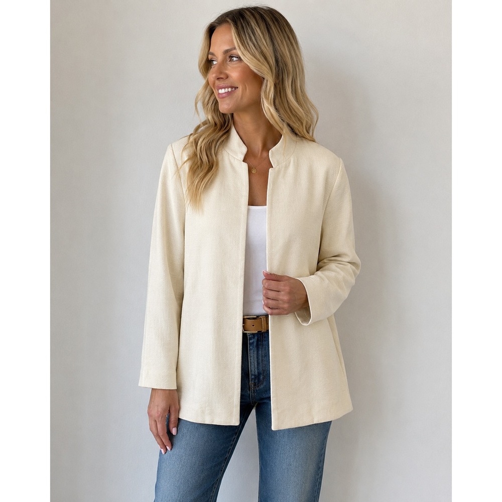 Eileen Fisher Women's Bone Ivory Cotton Minimalists Mandarin Collar Coat Blazer